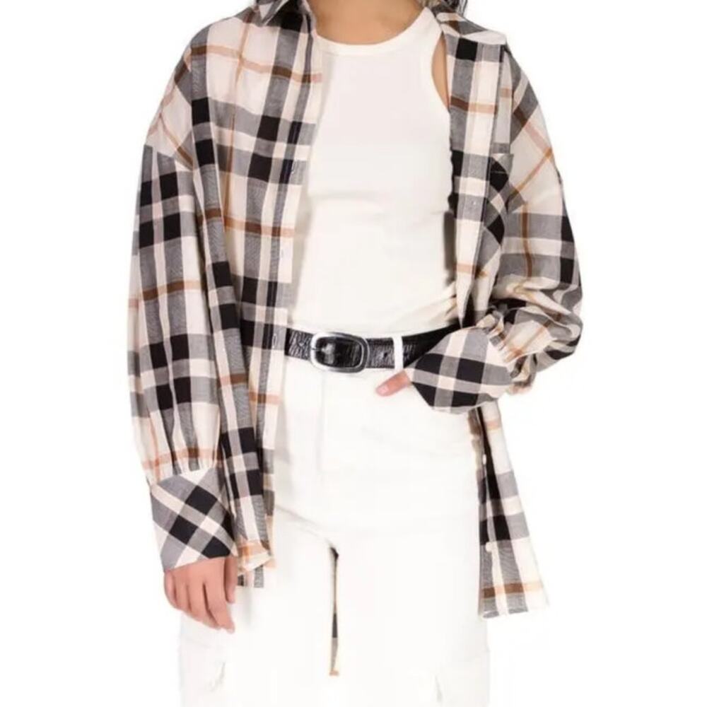 Sanctuary Oversized Plaid Button-Down in Black, White & Tan